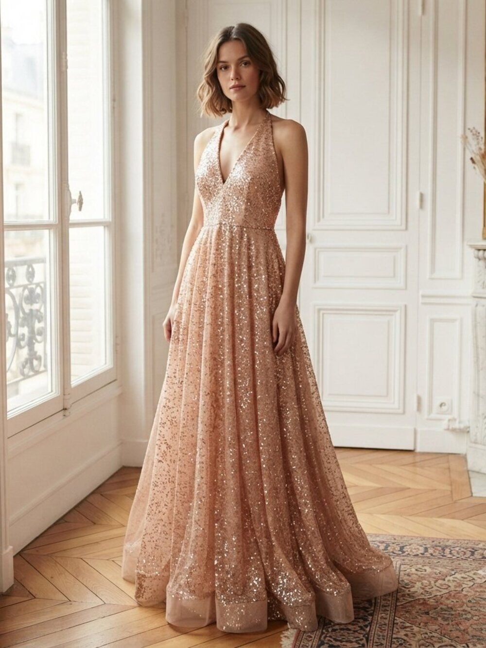 NWT Goddiva Gold Sequin Halter Formal Gown | Size 4
